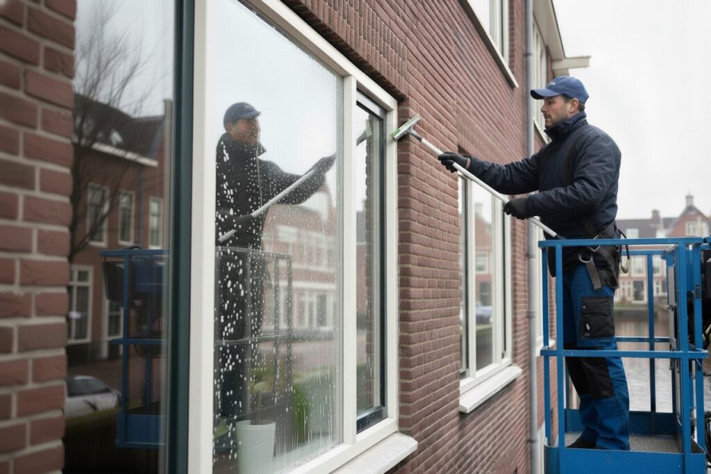 Glazenwasser maakt raam schoon vanaf hoogwerker schoonmaakservice wilde