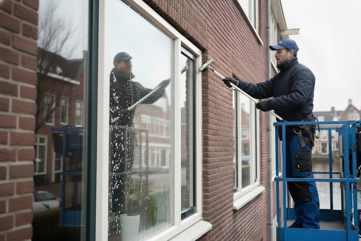 Glazenwasser maakt raam schoon vanaf hoogwerker schoonmaakservice wilde