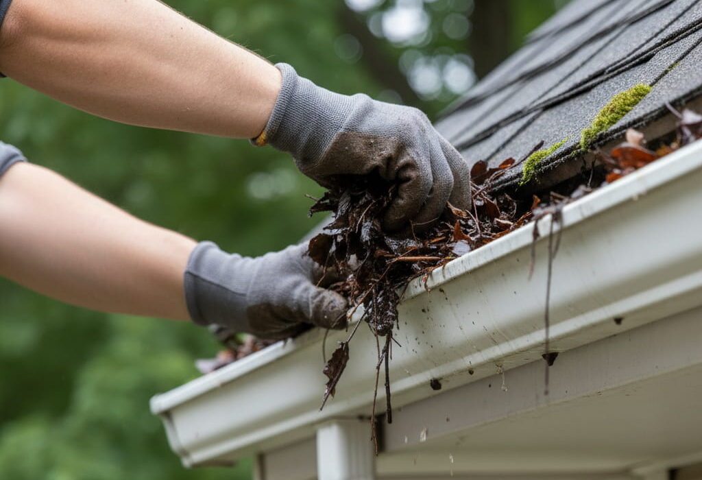 vuile dakgoot wordt schoongemaakt door schoonmaker van schoonmaakservice wilde