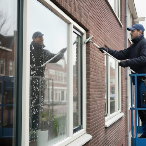 VvE schoonmaak: Glazenwasser maakt raam schoon vanaf hoogwerker schoonmaakservice wilde