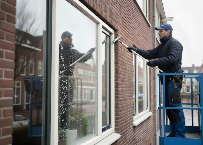 Glazenwasser maakt raam schoon vanaf hoogwerker schoonmaakservice wilde