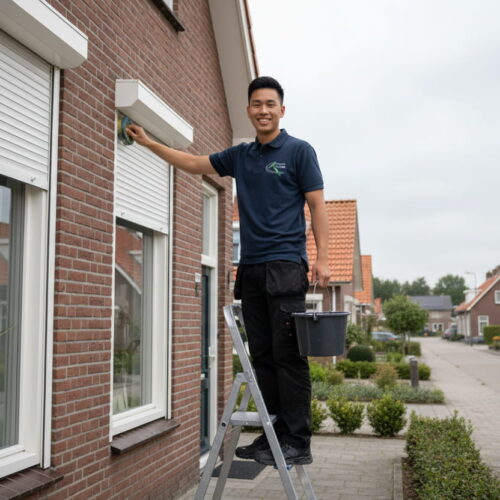 Schoonmaker van schoonmaakservice wilde maakt rolluiken schoon van woning in geldrop