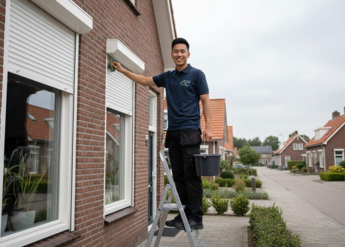 Schoonmaker van schoonmaakservice wilde maakt rolluiken schoon van woning in geldrop