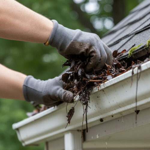 vuile dakgoot wordt schoongemaakt door schoonmaker van schoonmaakservice wilde
