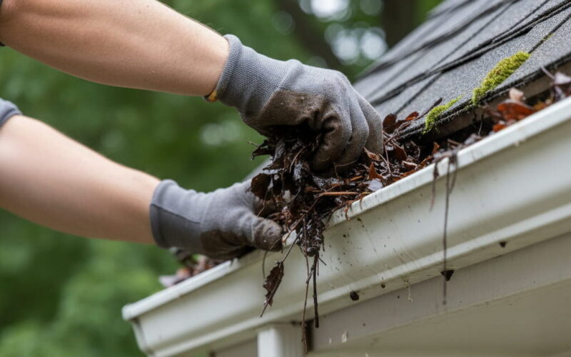 vuile dakgoot wordt schoongemaakt door schoonmaker van schoonmaakservice wilde